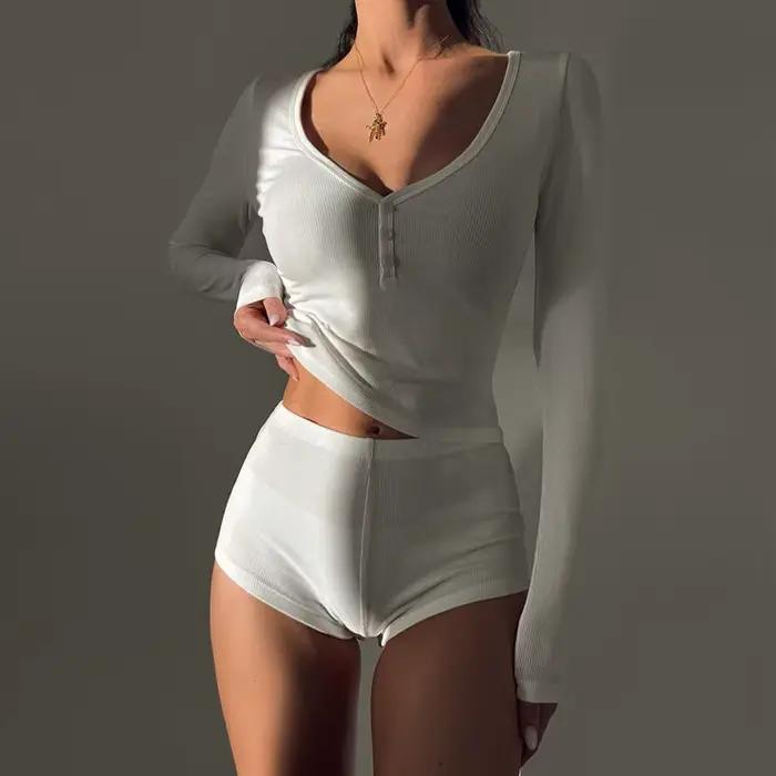 Ensemble pyjama 2 pièces pour femmes, manches longues, col en V, boutonné, hauts courts, Sexy, Y2k, moulant, vêtements de détente