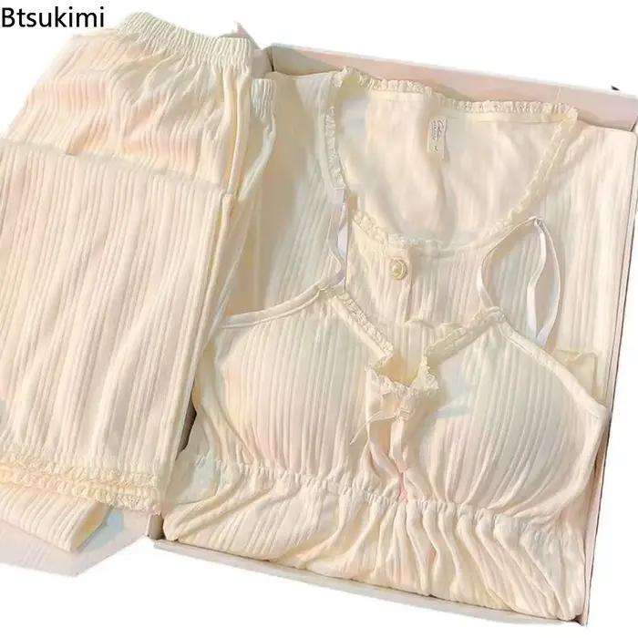 Pyjama haut de gamme en coton pour femmes, ensemble quatre pièces, manches longues, coussin de poitrine, pantalon à bretelles, vêtements de nuit, nouvelle collection printemps-automne
