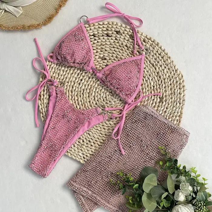 DEBAIOR 3-dielna súprava Bikiny Push Up Sexi plavky pre ženy s lesklou sukňou