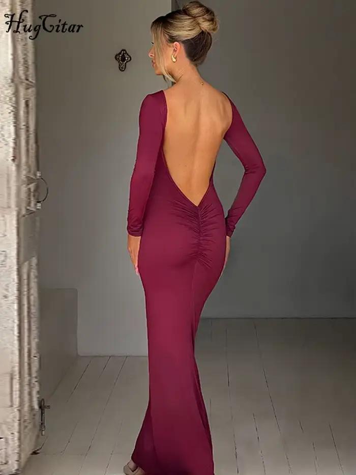 Hugcitar jarné elegantné dlhé rukávy odhalený chrbát pevný nariasený Sexy obtiahnutá Maxi plesová šaty pre ženy večerné oblečenie Festival Y2K