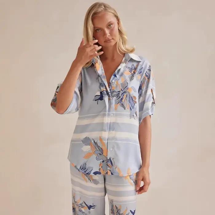 Ensemble pyjama 2 pièces imprimé Floral pour femmes, manches courtes, boutonné, vêtements de nuit doux, vêtements de détente, vêtements de maison