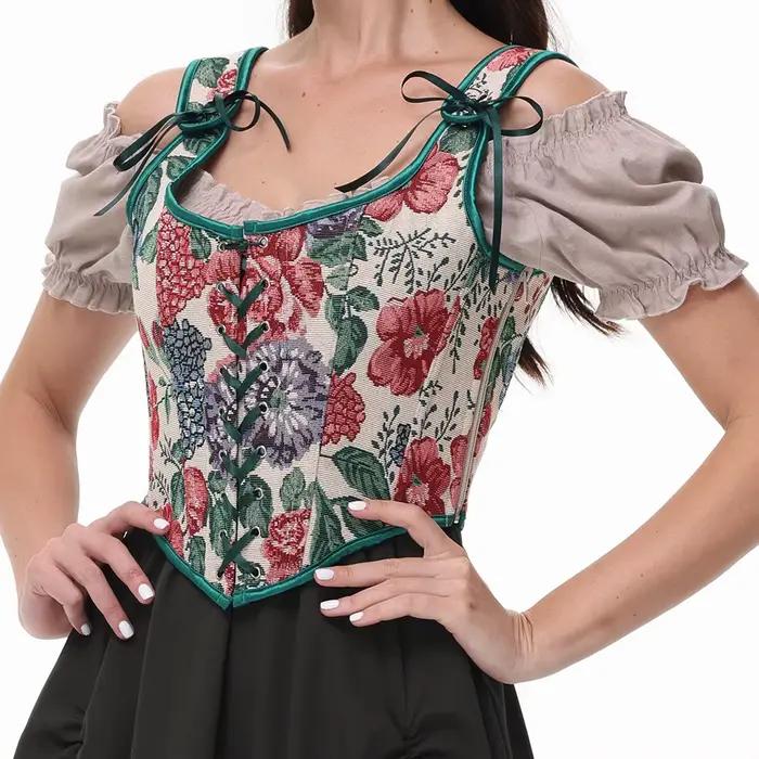 Vert motif Floral taille formation surbuste gothique médiéval Corset à lacets désossé Sexy gilet haut femmes Vintage Steampunk vêtements