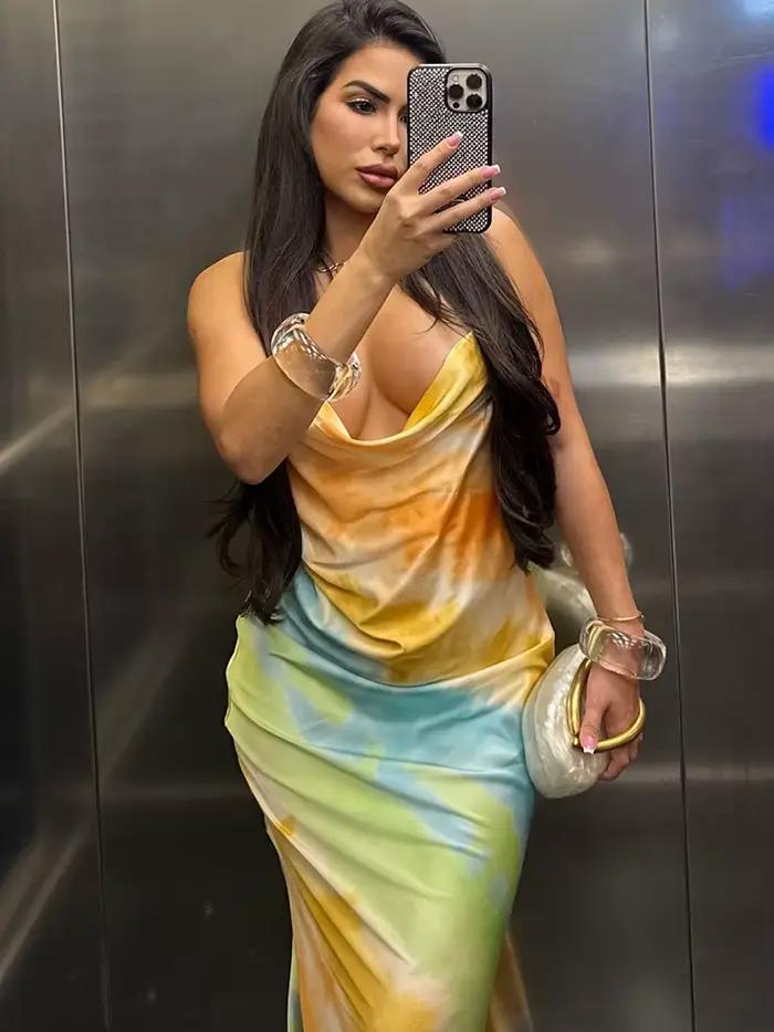 Nibber Swing Golier Farebný Módne Maxi Šaty Dámske Kovová Retiazka Odhalený Chrbát Dovolenka Trendy Pláž Párty Štýl Elegantné