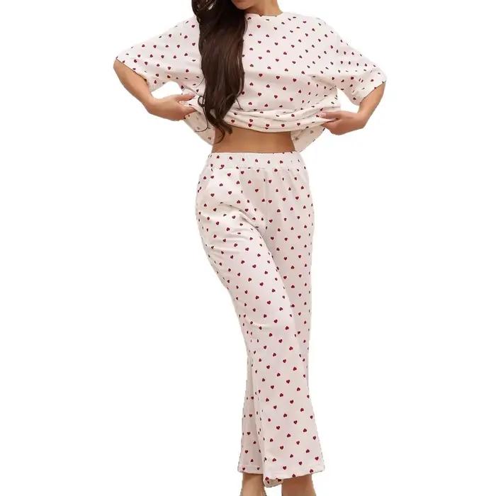Nouveaux pyjamas pour femmes de style américain avec imprimé floral en forme de cœur, manches courtes, pantalon long, ensemble de vêtements de détente tendance grande taille
