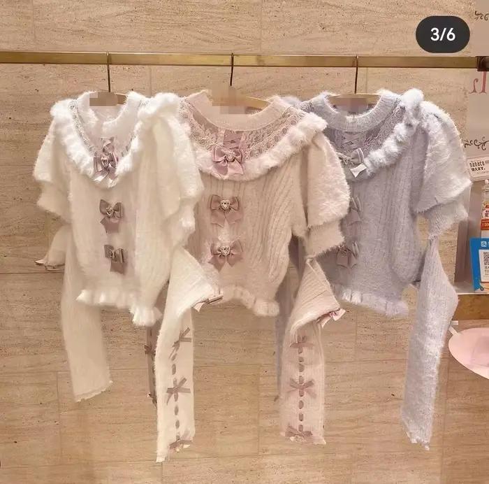 Japonský štýl roztomilý mäkký odnímateľný motýlik kožušina dlhé rukávy tenký sveter jeseň a zima Lolita dievča
