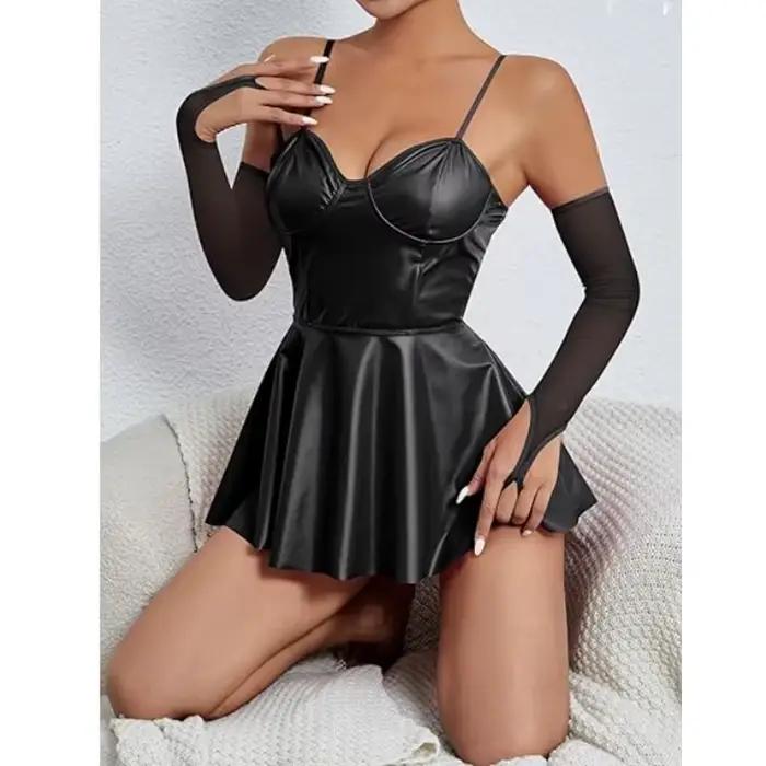 Veľká veľkosť pre ženy Sexy Wetlook kožené šaty s lesklými ramienkami Latex erotické