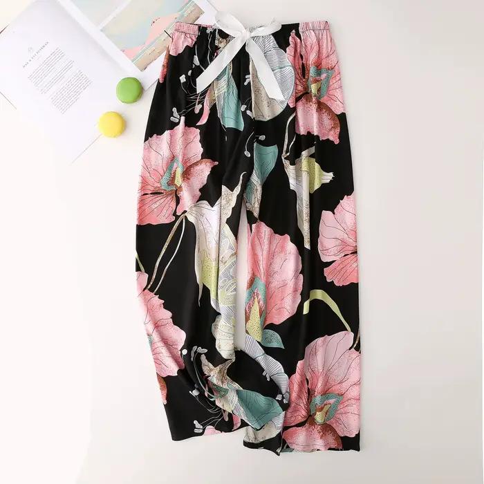 Pantalon de pyjama pour femmes, pantalon de maison, bas de sommeil fin, imprimé Floral, jambes larges, ample, grande taille, été