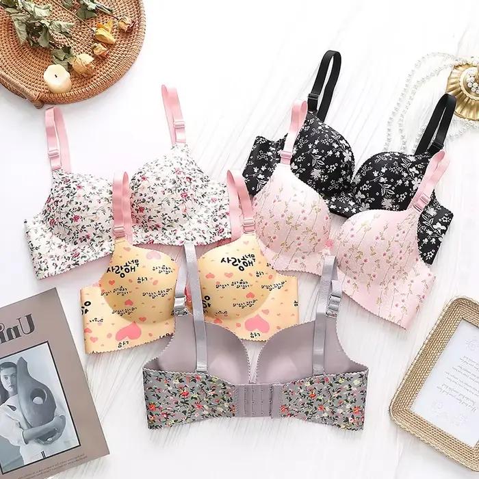 Soutien-gorge push-up à imprimé floral rétro pour petite poitrine, optique, tasse de moule, sans anneau en acier, soutien-gorge de synchronisation sans fil, étudiant, doux, sans couture, filles