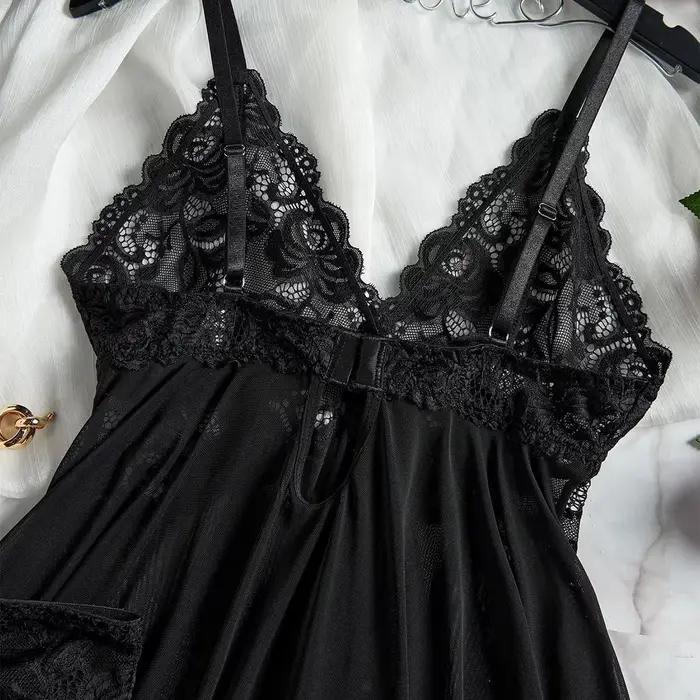 Ensemble de lingerie sexy pour femme, comprenant un soutien-gorge érotique, une chemise de nuit en dentelle sexy, des robes de nuit et des robes douces et ajustées de couleur unie à col en V, style nu