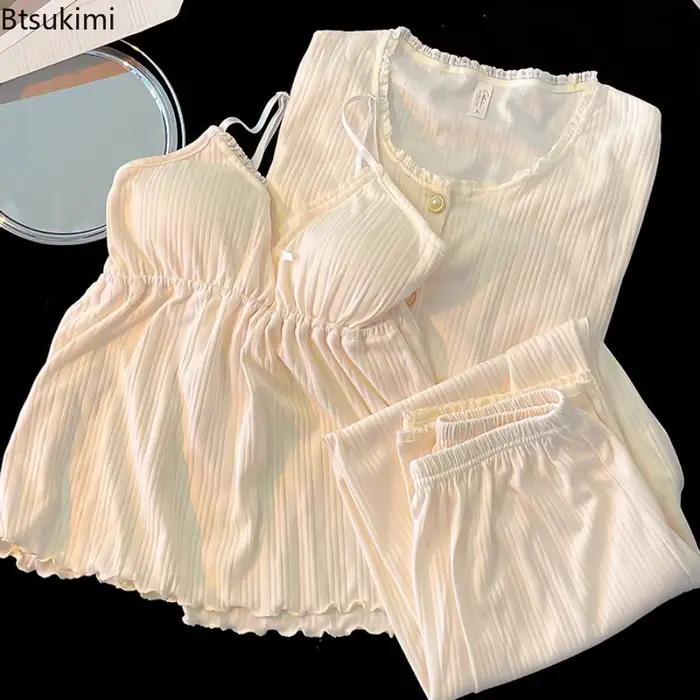 Pyjama haut de gamme en coton pour femmes, ensemble quatre pièces, manches longues, coussin de poitrine, pantalon à bretelles, vêtements de nuit, nouvelle collection printemps-automne