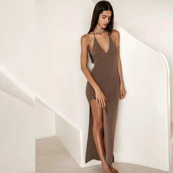 Robe de plage d'été, fente haute, couleur unie, robe de vacances, Sexy, tricot, dos nu, col licou, élégante, sans manches, moulante, à nouer