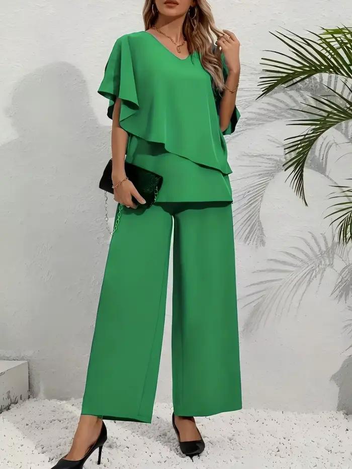 Ensemble décontracté pour femme en polyester et élasthanne avec blouse multicolore brodée et pantalon ample pour printemps et été occasions spéciales