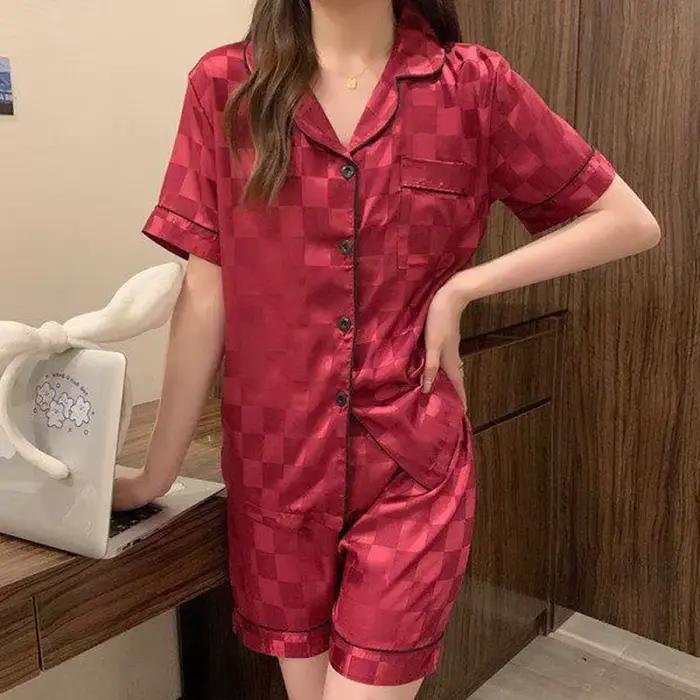 Pyjama Jacquard à Manches Courtes pour Femme, Cardigan Trempé, Revers Solide, Vêtement de Maison