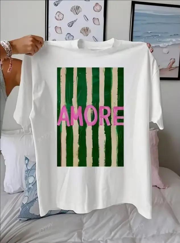 AMORE pruhovaný umelecký vzor letné oblečenie pre ženy voľný okrúhly výstrih krátke rukávy dámske tričká topy