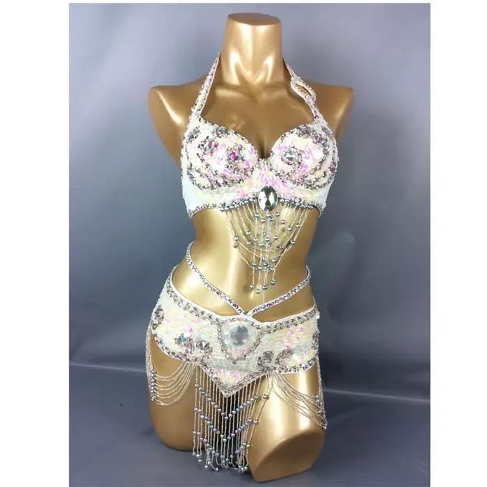 Vente chaude femmes perles paillettes danse du ventre Suite ceinture + soutien-gorge Samba Costumes Club USA soutien-gorge taille 34B,36B,38B,40B,34D,36D,38D,40D
