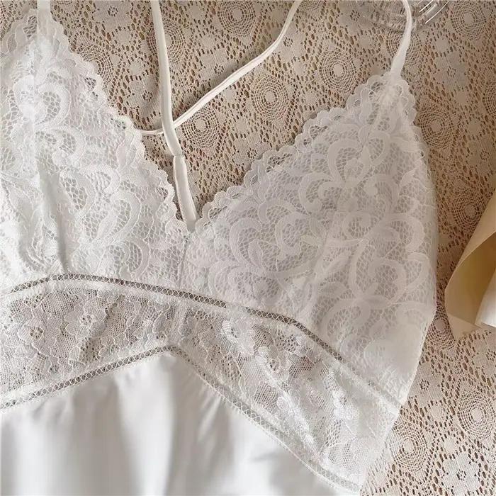 Ensemble de vêtements de nuit en Satin pour femmes, 2 pièces, Robe de mariée blanche, demoiselle d'honneur, garniture en dentelle, vêtements de nuit Sexy pour femmes, peignoir décontracté, vêtements d