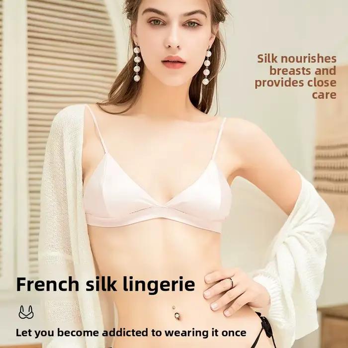Soutien-gorge Triangle sans fil en soie de mûrier, garniture en dentelle française, Ultra doux, confortable, Invisible, pour femmes et adolescentes, 100%