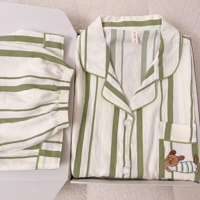 Ensemble de pyjama pour femmes avec broderie de chien teckel et imprimé à rayures, style Harajuku, ensemble de vêtements de nuit doux et mignon, pyjama à manches courtes pour femmes, été