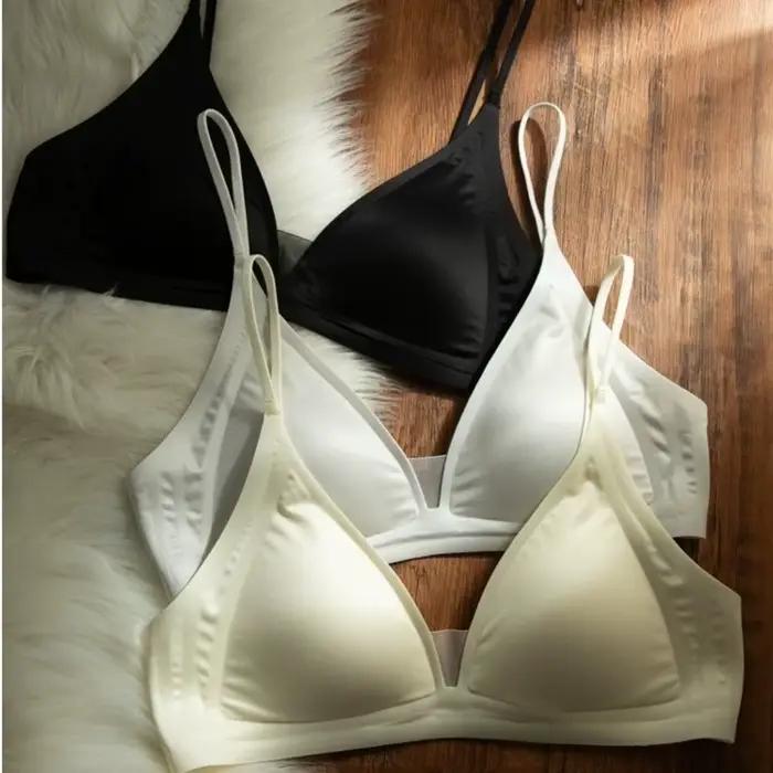 Soutien-gorge en satin laiteux à col en V profond, maintien doux, bretelles ajustables, bonnets triangulaires, coupe amincissante, sans armatures, fines bretelles, usage quotidien