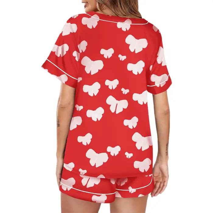 Léon's Day-Pyjama en satin imprimé cœur pour femme, ensemble de vêtements de détente, manches courtes, short en Y, vêtements de détente 2 pièces