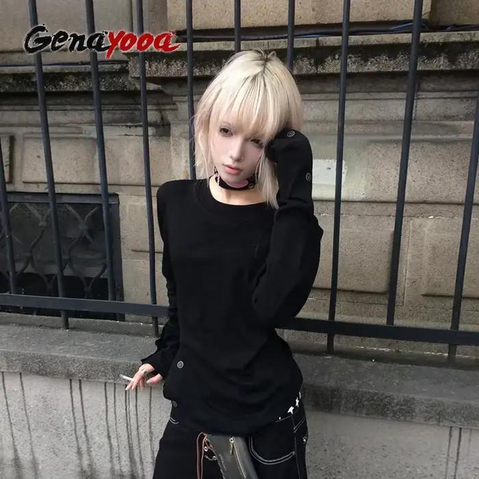 Genayooa gotické vintage tričko pre ženy s dlhými rukávmi gombík Y2k retro čierne grunge streetwear 2000s potlač