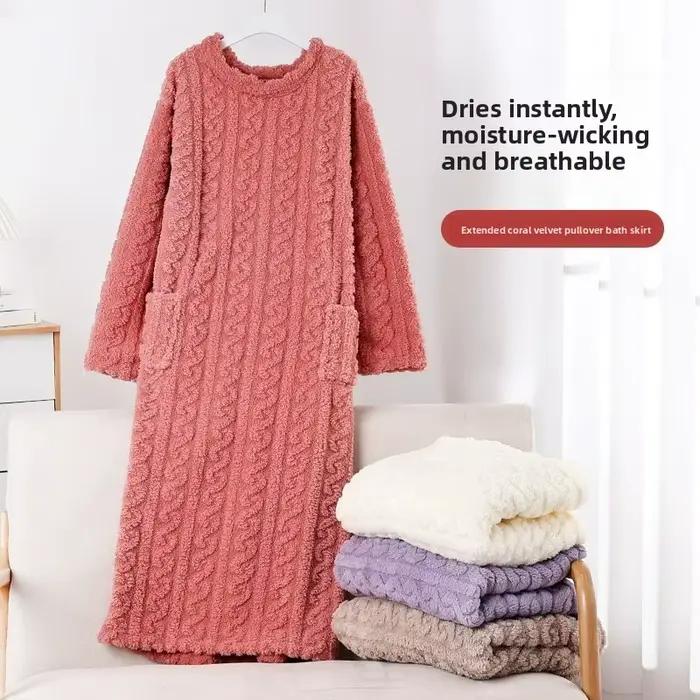 Chemise de nuit Jacquard en polaire corail pour femmes, vêtements de maison amples et chauds, doublé polaire et épais, pyjama mi-long en flanelle