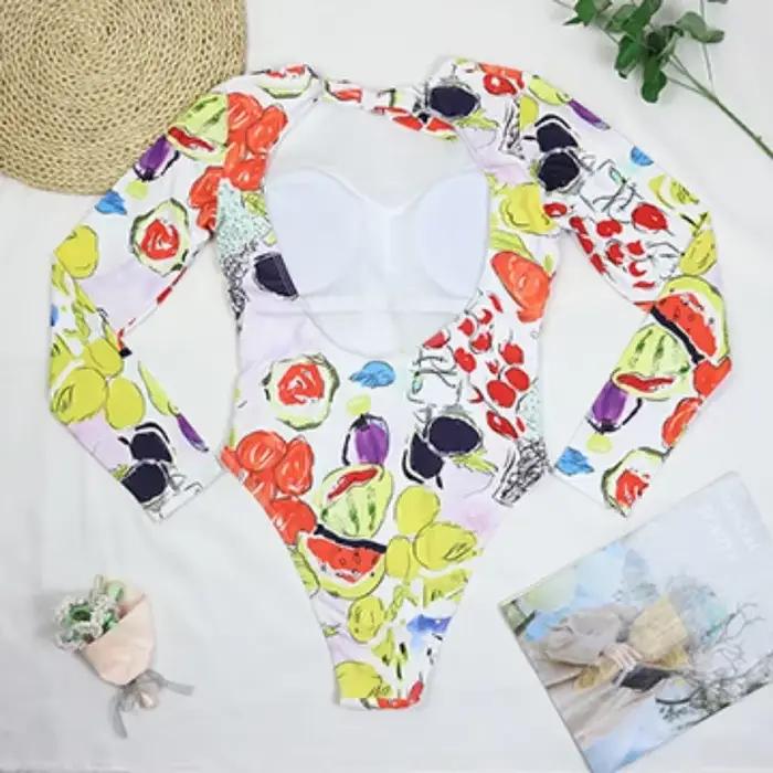 Maillot de bain une pièce pour femmes avec dos nu, manches longues, imprimé de fruits et légumes, pour nager, surf et plage