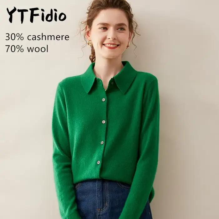 YTFidio kašmír merino vlna pulóver pre ženy s POL golierom dlhé rukávy luxusný vrchný odev dizajnérske dámske kardigany