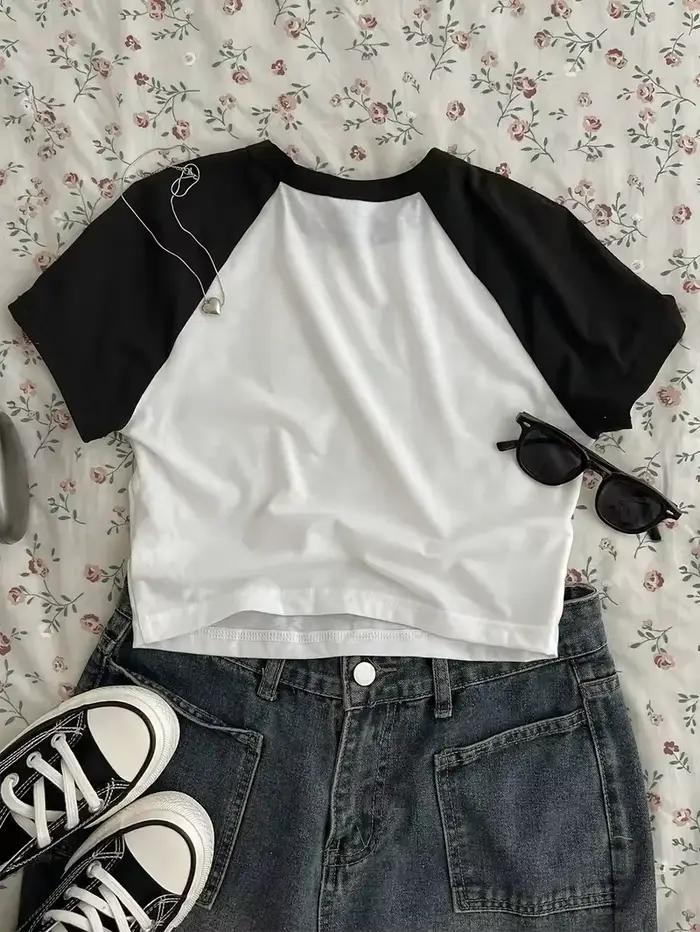 Roztomilá mačka tričko s potlačou krátky strih Sexy crop top krátke rukávy okrúhly výstrih