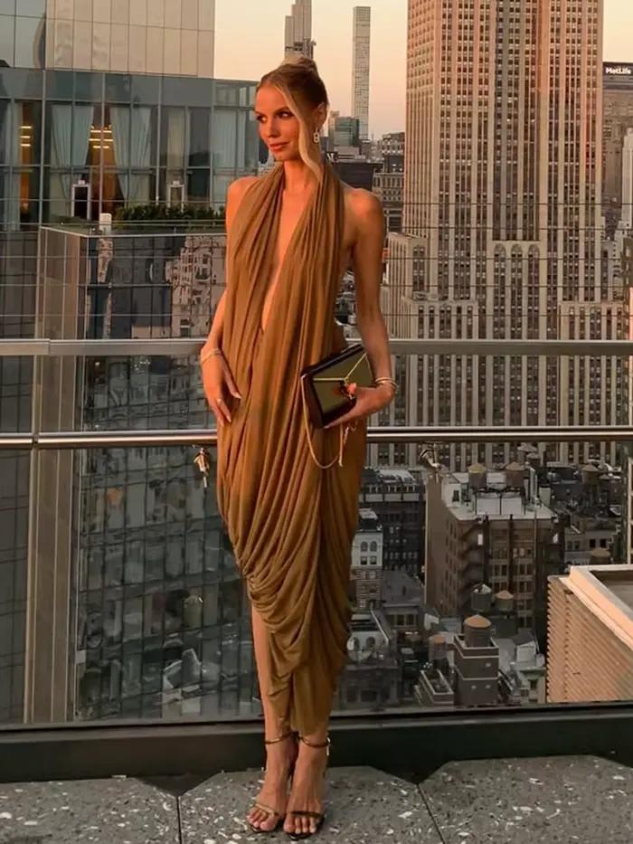 Robe sans manches décolletée en polyester et élasthanne pour femmes, soirée, plage, mariage, anniversaire, gala