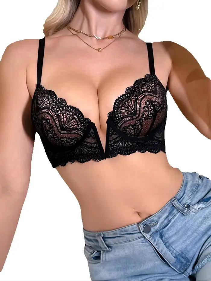 Soutien-gorge sexy pour femme à décolleté plongeant en dentelle, push-up, avec armatures, bretelles réglables, lingerie confortable pour femme