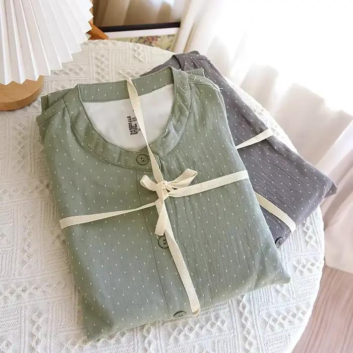 Pyjama en gaze de coton teint à pois pour femmes, ensemble de nuit Simple et décontracté à manches longues et col rond