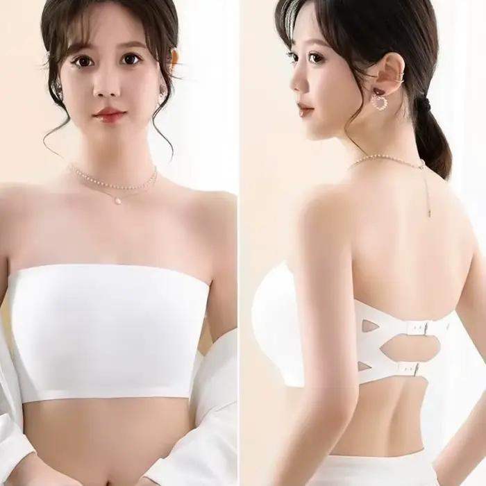 Soutien-gorge bandeau sans bretelles antidérapant sans couture pour femme, dos évidé, double fermeture à crochets, coussinets push-up amovibles, top tube invisible