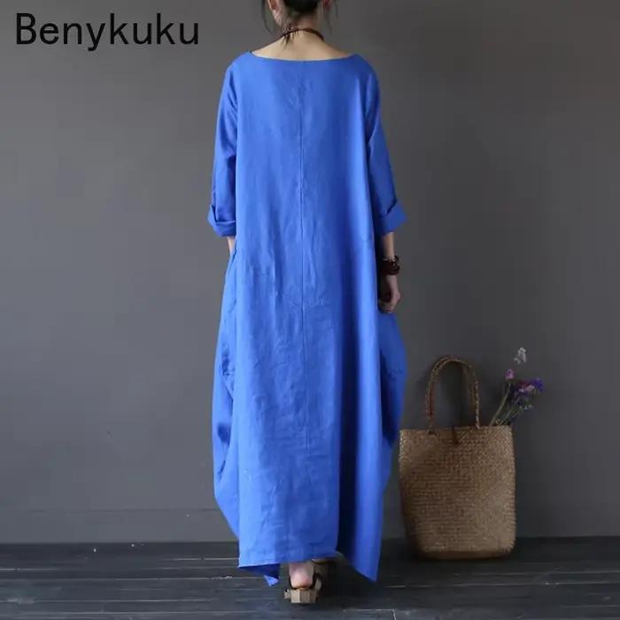Vintage dlhé maxi šaty pre ženy s dlhými rukávmi veľká veľkosť kaftan voľný bavlnený ľanový casual 2025