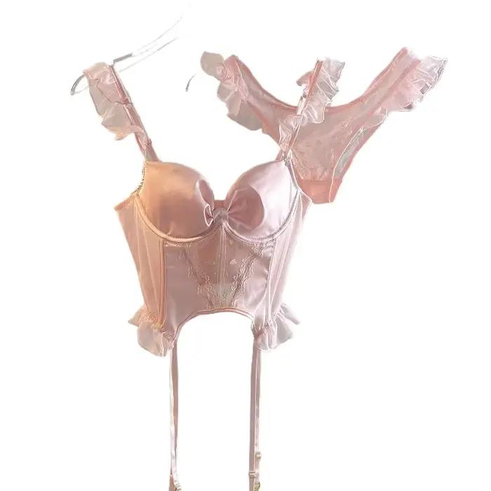 Rose femmes intimes soutien-gorge à armatures et tongs dames ensemble de sous-vêtements bouton arrière Push-Up Lingerie
