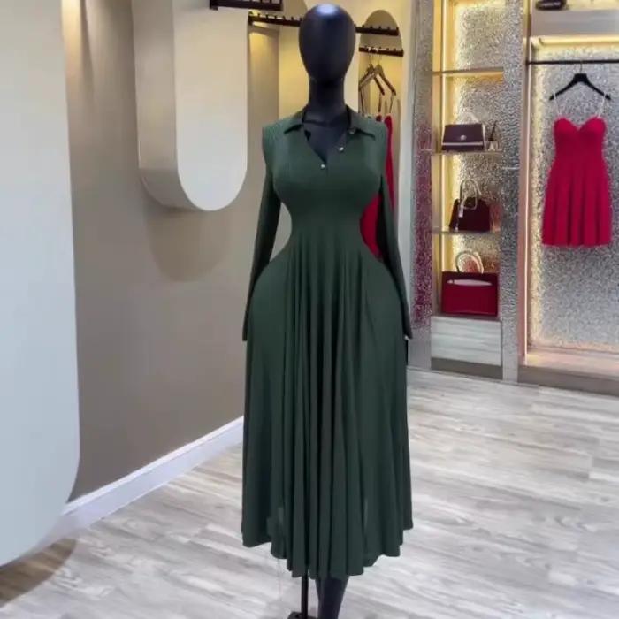 Robe longue élégante pour femme à manches longues, style corset, col polo, taille ajustée, plissée, unie, pour soirée, bureau, mariage