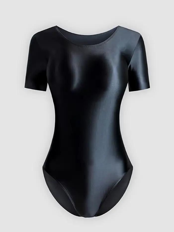 Combinaison pour femme, brillante, couleur unie, t-shirt, maillot de bain, vêtements de sport, justaucorps, collants en satin sexy