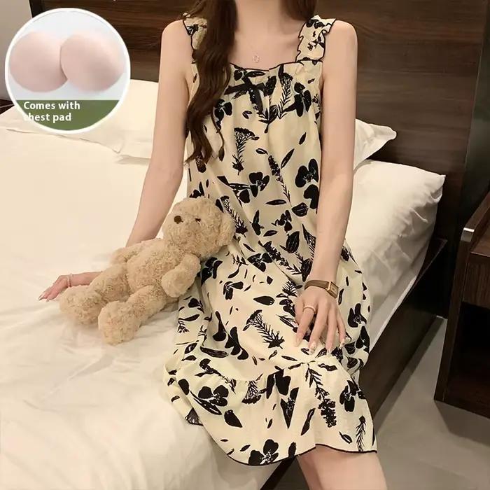 Chemise de nuit pour femme élégante sans manches polyester été mi-mollet tricotée pour dormir et sorties