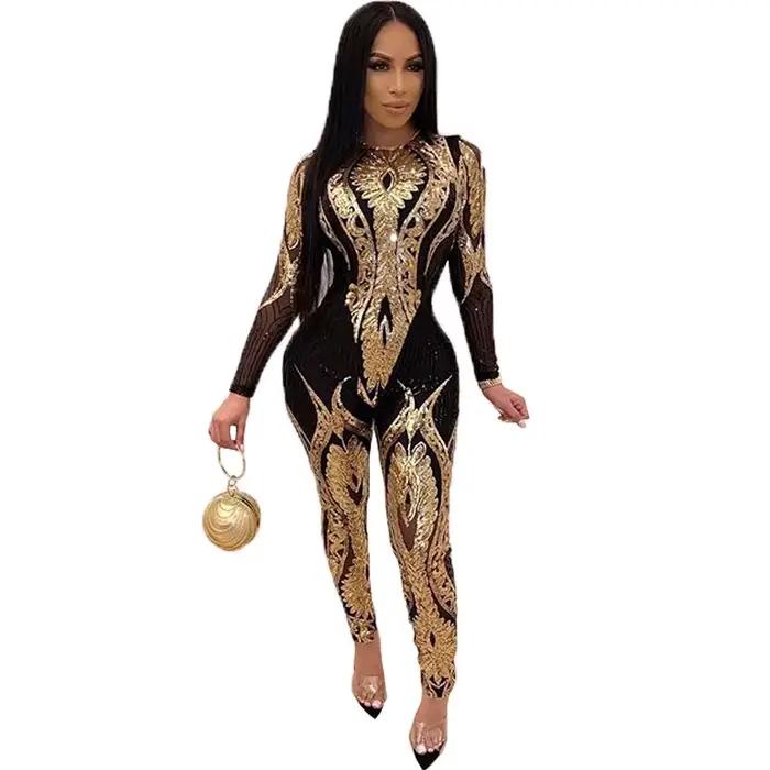 Lemon Gina 2020 femmes à manches longues rayure moulante paillettes combinaison femme Sexy mince arrivée décontracté combishorts Clubwear tenues
