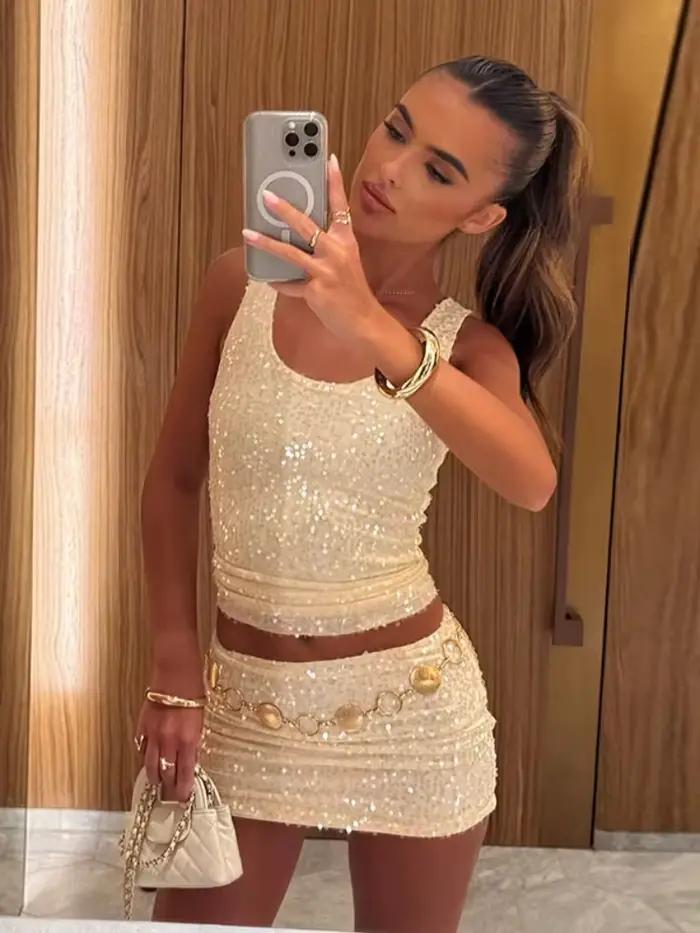 Sexy trblietavá mini sukňa set pre ženy 2026