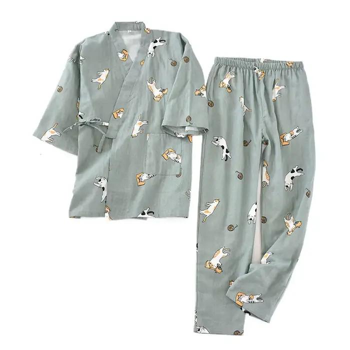 Dámske kimono pyžamo, domáce oblečenie s mačacou potlačou