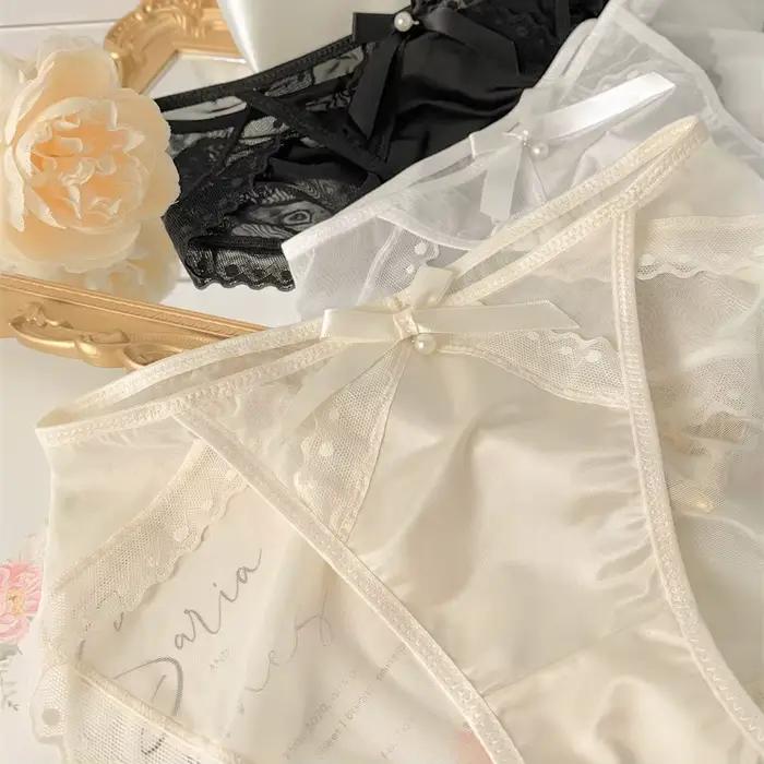 Culottes Triangle Femme avec Nœud Mignon, Dentelle Sexy Française, Texture Luxe, Satin Respirant, Maille, Entrejambe en Coton