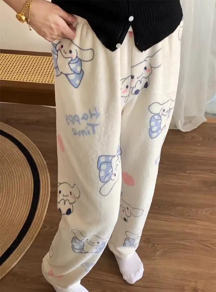 Pantalon de pyjama en flanelle Sanrio Cinnamoroll pour femme, motif dessin animé, automne et hiver, en velours corail, décontracté, pour la maison et le sommeil