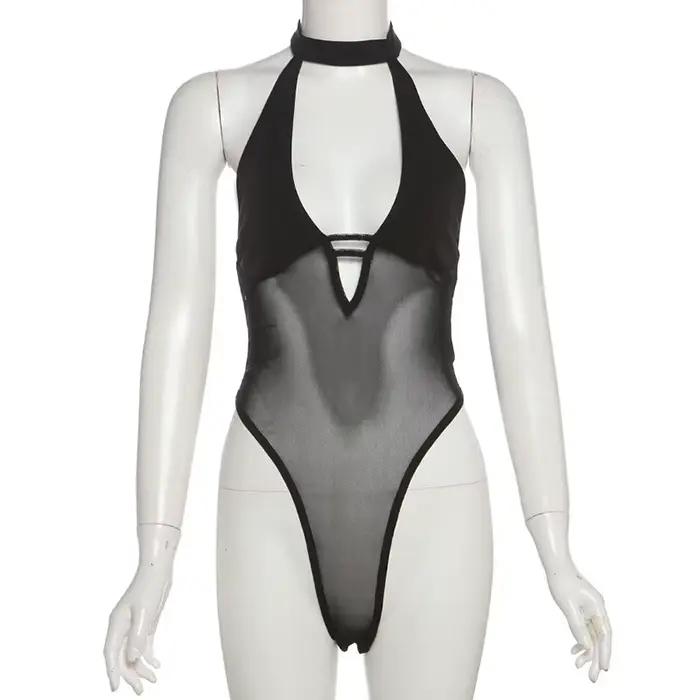 SylCue maille Patchwork maigre body femmes licou col bas Sexy décolleté dos nu rue Style sauvage Hipster Coquette Clubwear