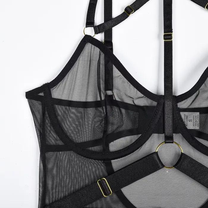 Nouvelle Lingerie Sexy pour Femme, Body Sculptant en Maille Transparente à Bretelles, avec Armatures, Jarretelles Sexy et Haut Ajouré à Jambes