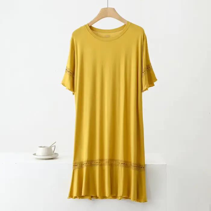 Chemise de nuit pour femmes en modal et élasthanne couleur jaune rose violet vert baiser oversized avec manches courtes pour les nuits de repos et les occasions spéciales
