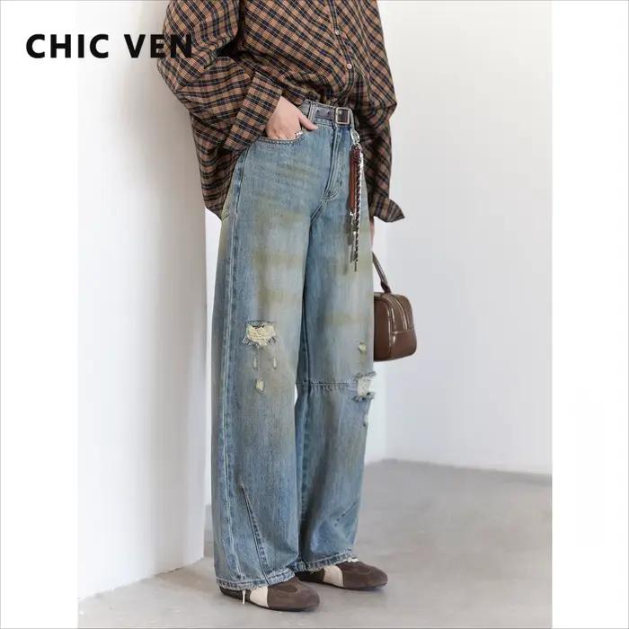 CHIC VEN retro dámske džínsy voľné ležérne nové vysoký pás široké nohavice Denim