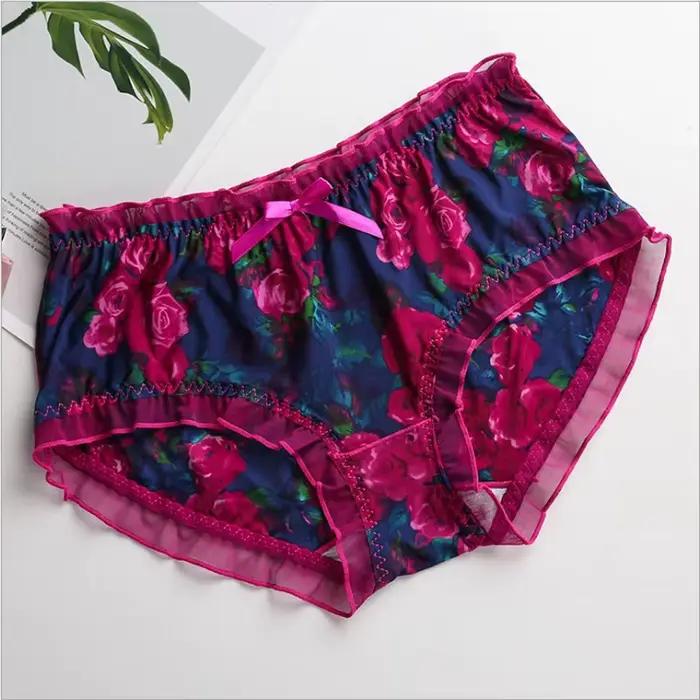 Culotte en dentelle soyeuse pour femme, slip grande taille, imprimé lait, sexy, à volants, nœud papillon, sous-vêtement élastique, grande taille