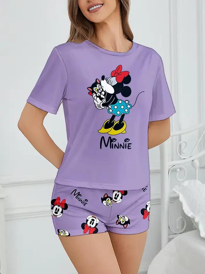 Pyjama 2 pièces pour femmes, haut à manches courtes et short à motif de dessin animé Disney Minnie, vêtements de maison