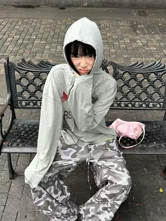 Tonngirls Y2k Vintage Tričko pre ženy ležérne voľné s grafickou potlačou kapucňa japonské 2000 roky Grunge
